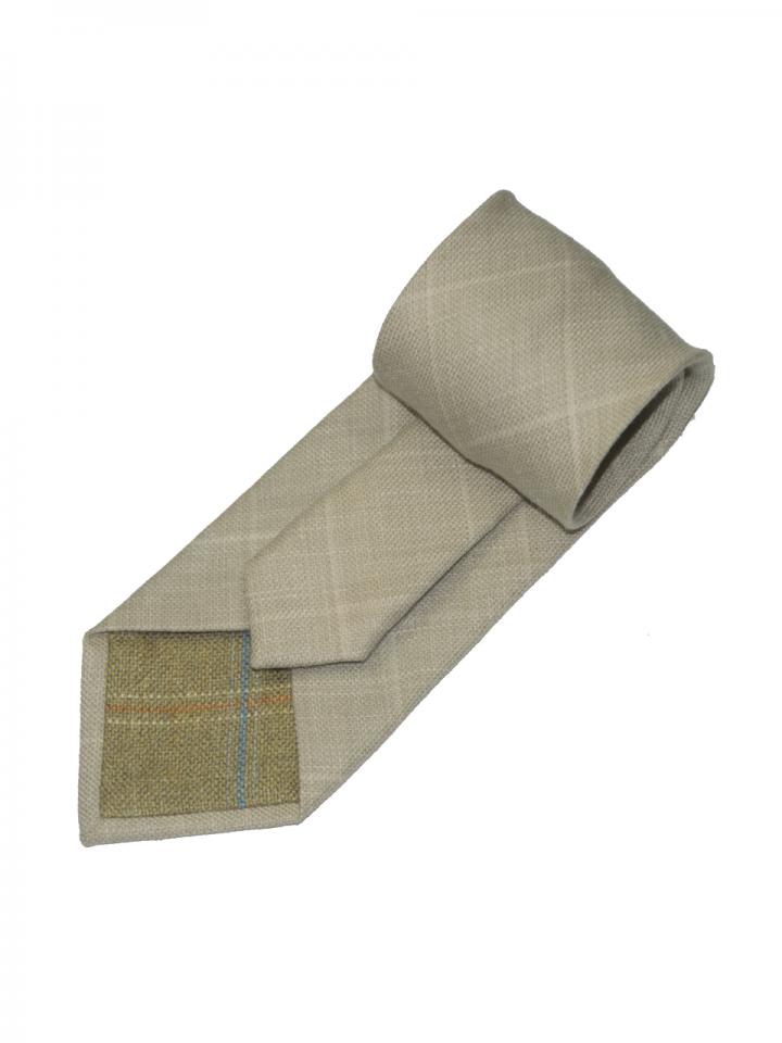 Beige tie with white and blue contrast stitching  detail and contrast  lining