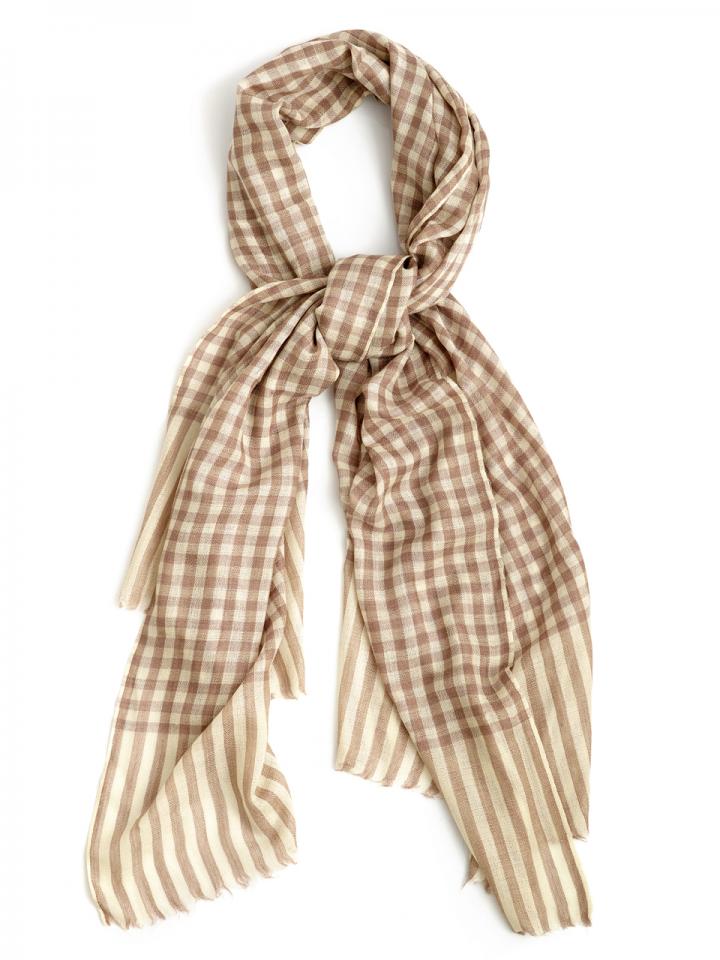 Fallow Brown and Beige Scarf with Gingham Pattern